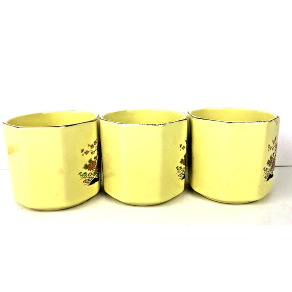 Vintage Japanese‎ Sake Tea Cup 3 Piece Yellow Cart Design Octagon Rim Pin Stripe - Picture 3 of 9
